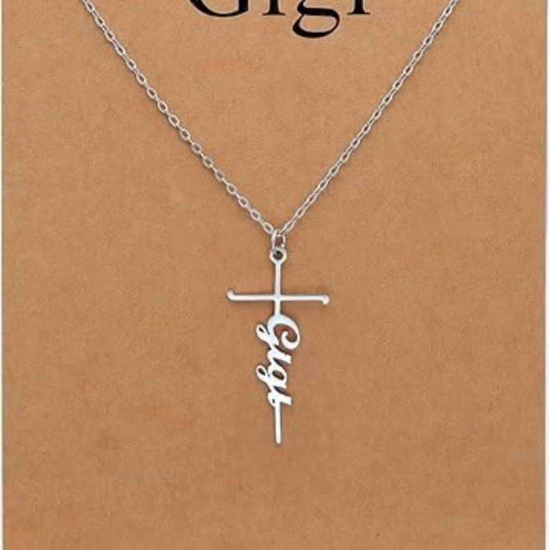 Cross pendant necklace with silver chain and Gigi cursive charm