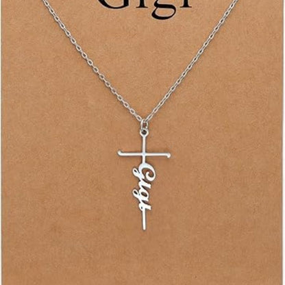 Cross pendant necklace with silver chain and Gigi cursive charm