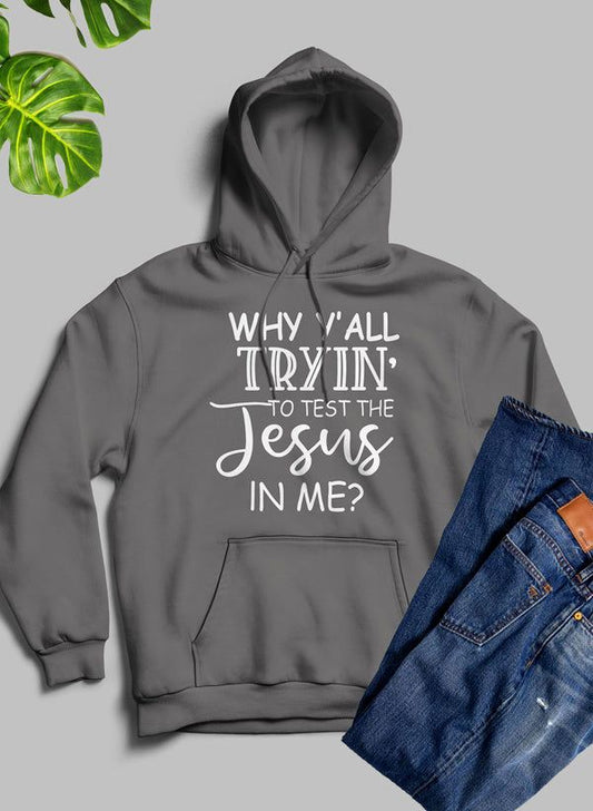 Dark heather gray hoodie with front graphic text and kangaroo pocket.