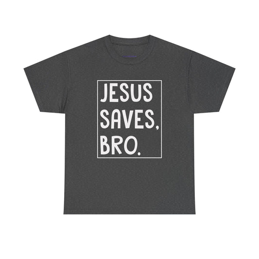 Dark heather crew-neck premium T-shirt with square “JESUS SAVES, BRO.” front graphic