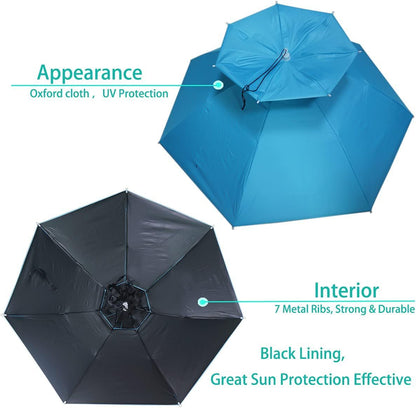 Blue umbrella hat with black-lined interior shown, with central head-mount.