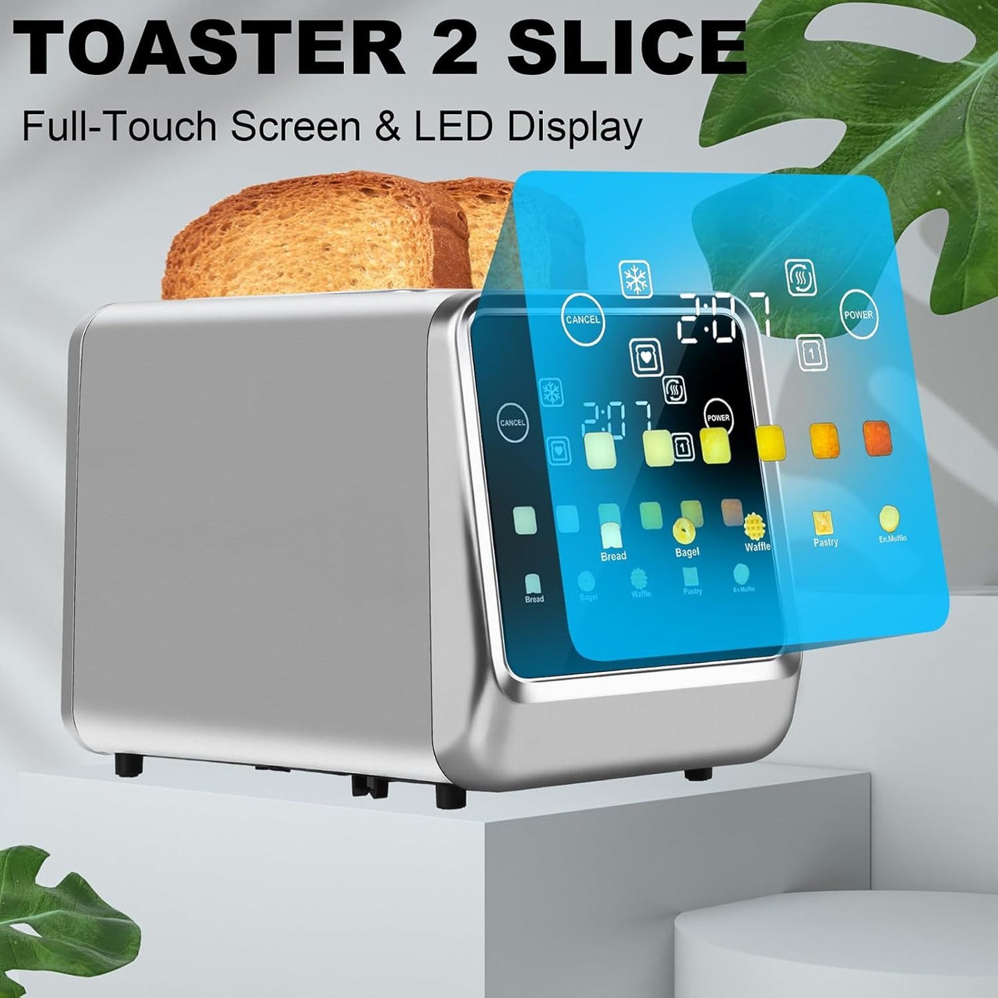 Gray 2-slice toaster featuring full-touch LED display and front control icons