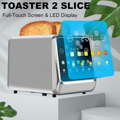Gray 2-slice toaster featuring full-touch LED display and front control icons