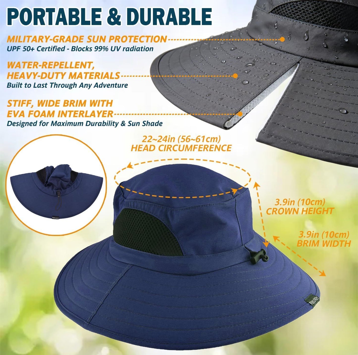 Navy wide-brim bucket hat with mesh crown panel and chin drawstring, close-up.
