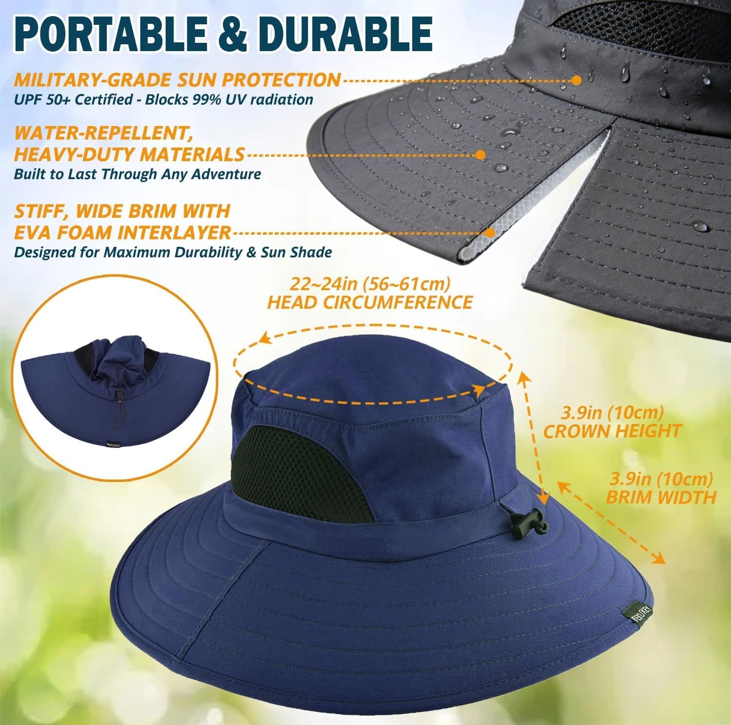 Navy wide-brim bucket hat with mesh crown panel and chin drawstring, close-up.