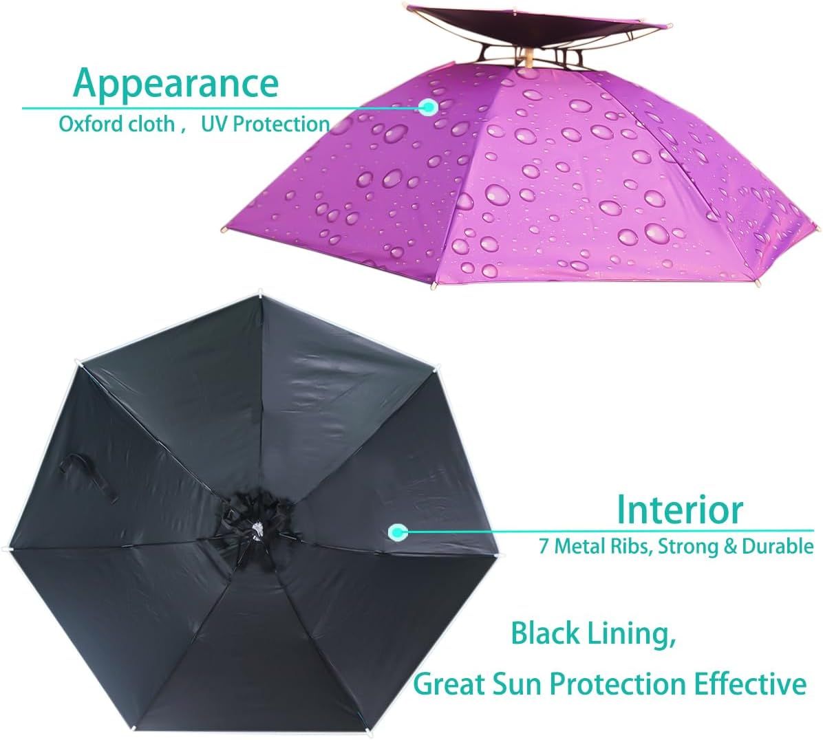 Purple umbrella hat with black-lined interior and central fastener point.