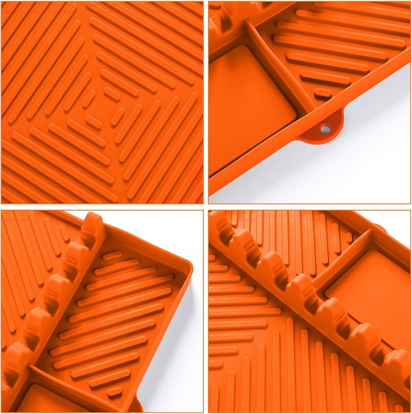 Orange silicone tools mat close-up with ribbed texture and molded corner channel