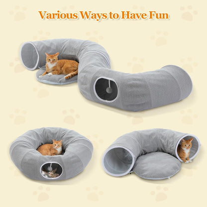 Gray cat donut tunnel bed with two side openings, shown in multiple layouts