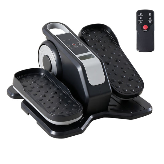 Silver under-desk elliptical mini pedal exerciser with textured pedals and LED display