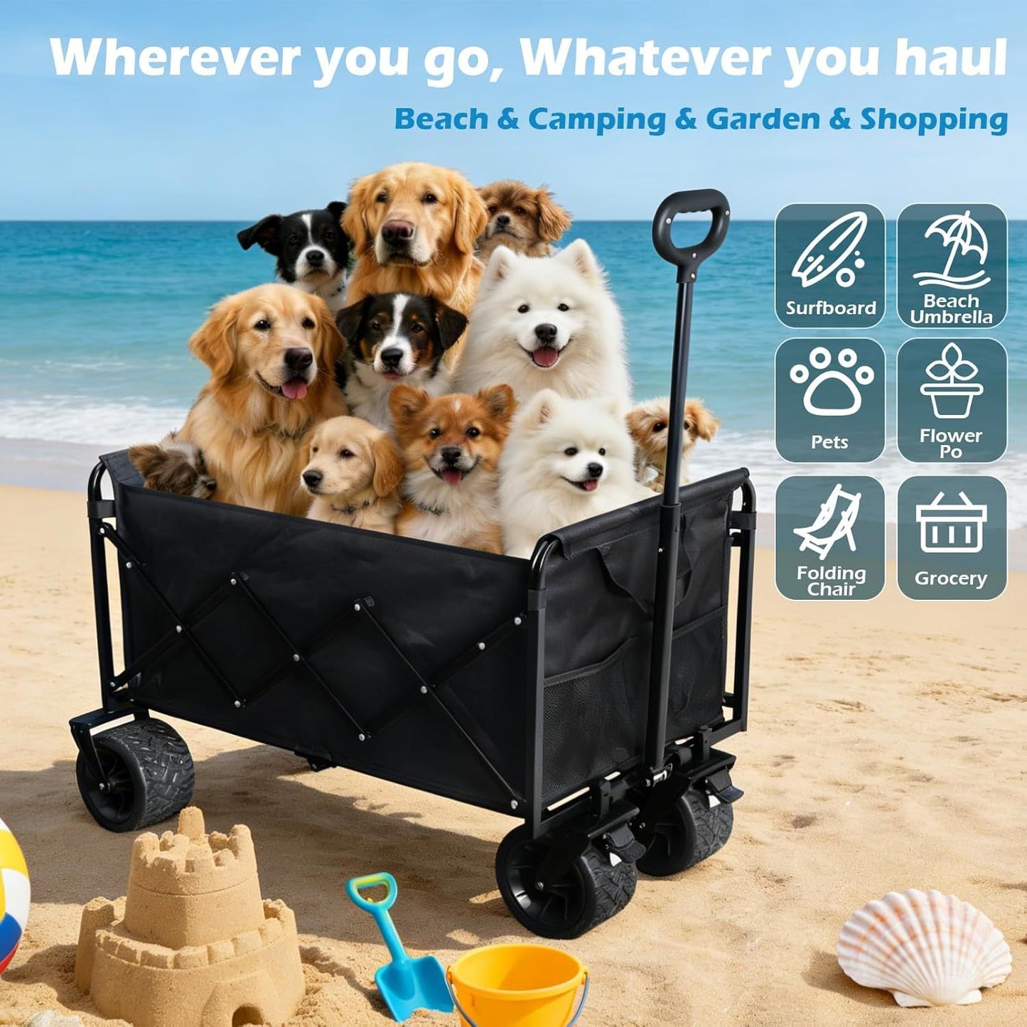 Black foldable wagon cart with padded interior panels, large wheels, and top handle