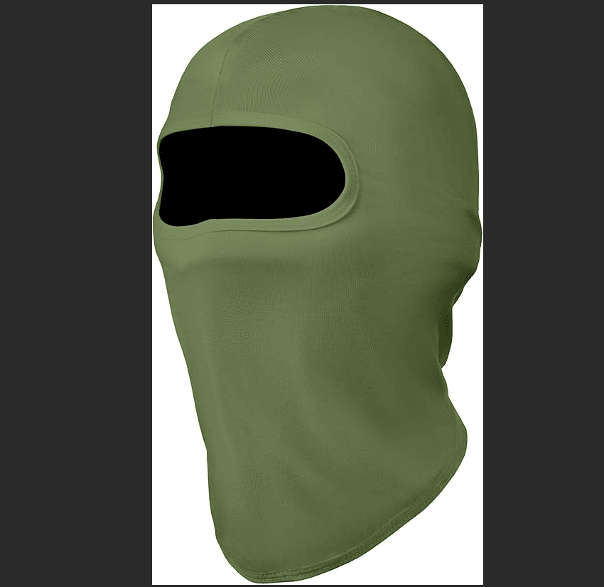 Army green full-face balaclava ski mask with oval eye opening and soft fabric