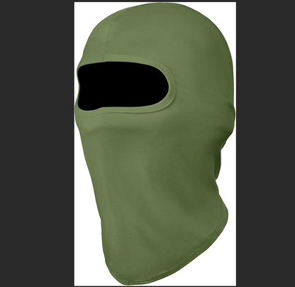 Army green full-face balaclava ski mask with oval eye opening and soft fabric