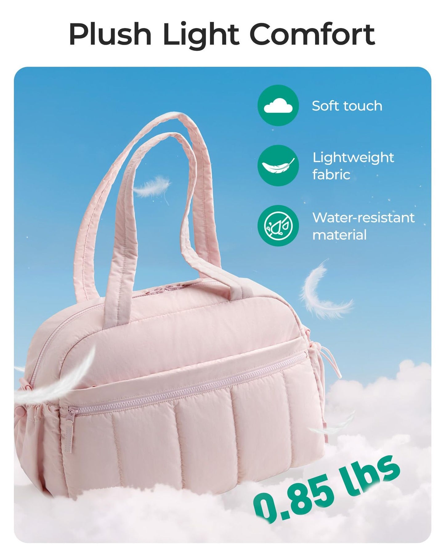 Pink fluffy travel tote bag with zip closure, lightweight padded fabric, water-resistant