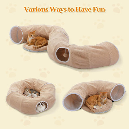 Beige cat donut tunnel bed with plush mat and circular entrance openings in multiple views.