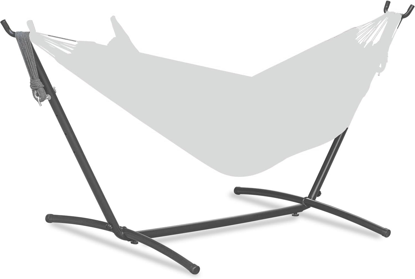 Double hammock with stand, light gray fabric on black steel frame