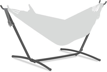 Double hammock with stand, light gray fabric on black steel frame