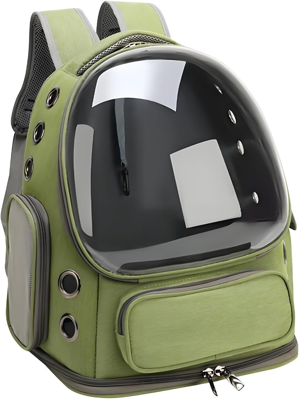 Green cat bubble backpack carrier with large curved clear window and round side vents
