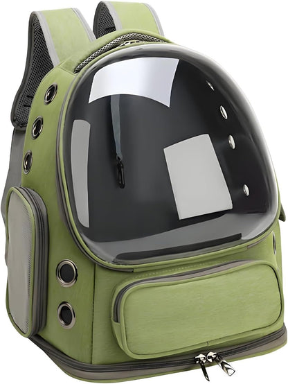 Green cat bubble backpack carrier with large curved clear window and round side vents
