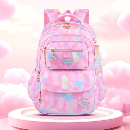 Pink gradient children's backpack with front zip pocket and heart charm accents