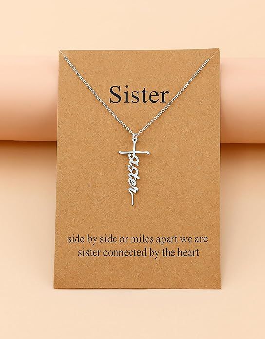 Sister faith cross pendant necklace on a silver-tone chain
