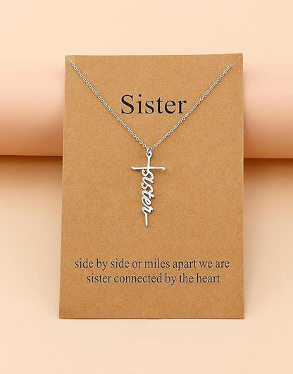 Sister faith cross pendant necklace on a silver-tone chain