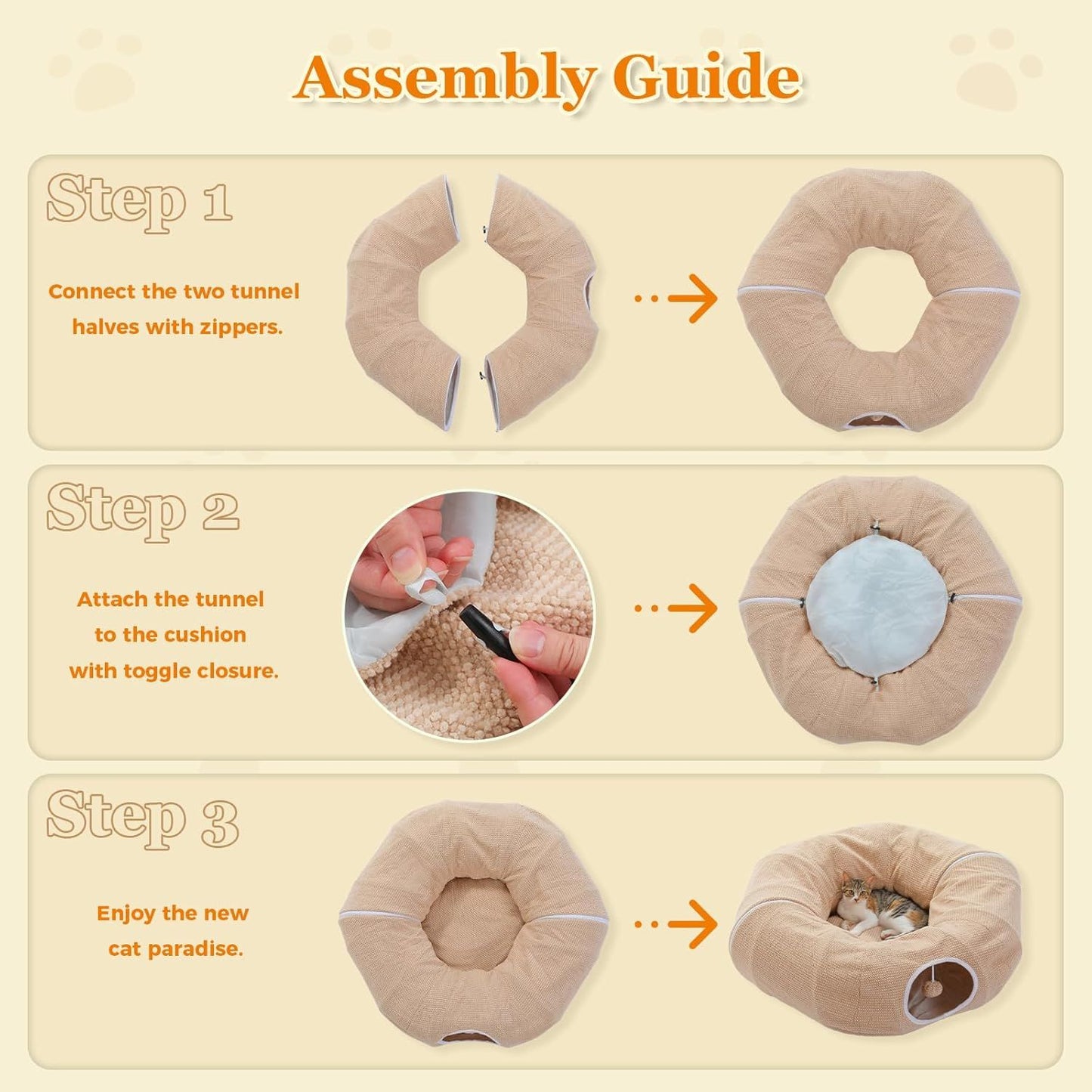 Beige donut cat tunnel bed assembly steps showing cushion attachment and round tube opening.