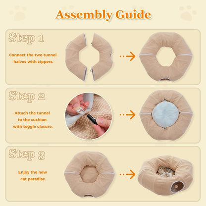 Beige donut cat tunnel bed assembly steps showing cushion attachment and round tube opening.