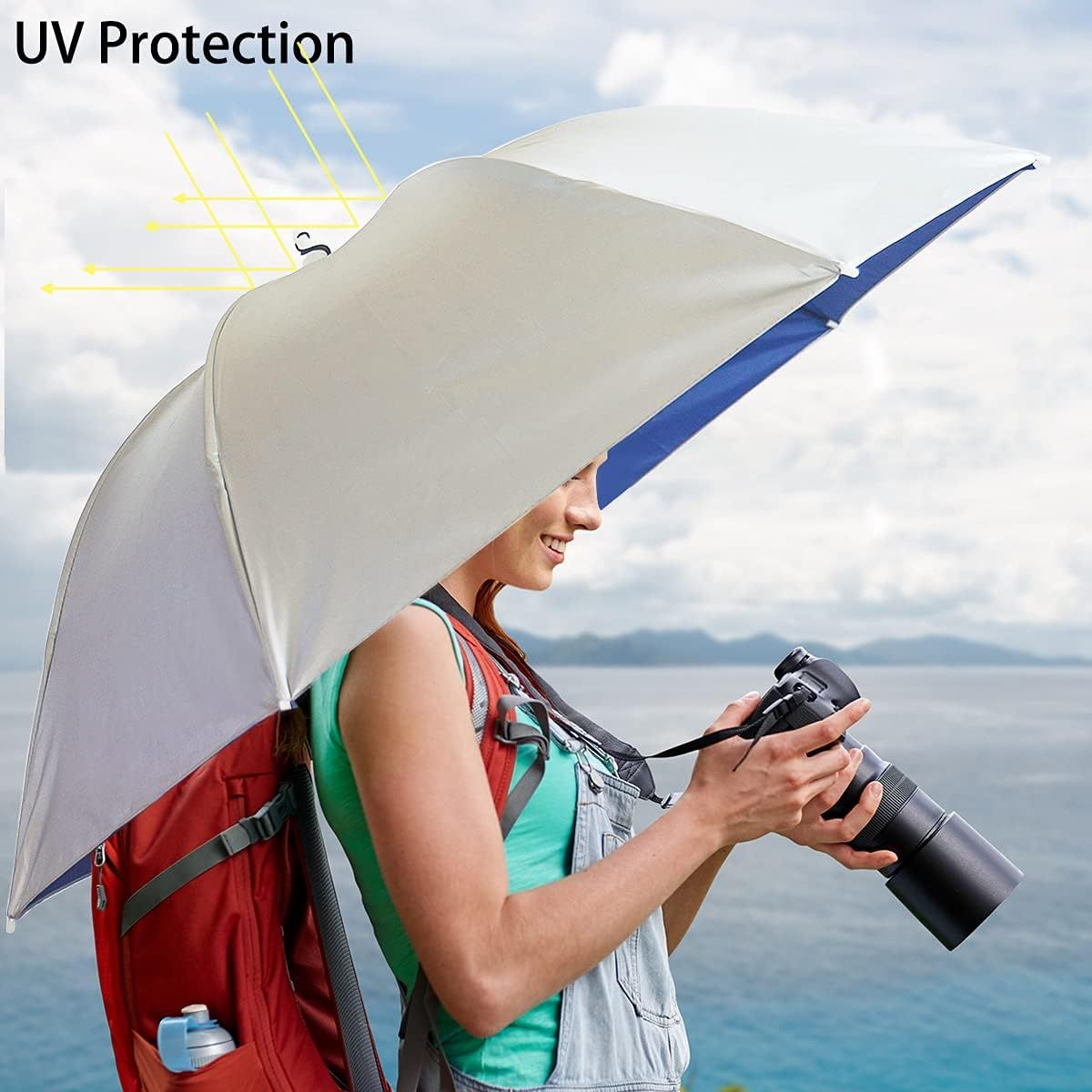 Beige umbrella hat worn outdoors, hands-free coverage over the head.