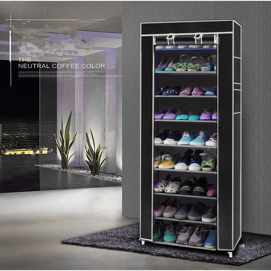Black non-woven 10-layer shoe rack with multiple shelves, holding pairs of shoes