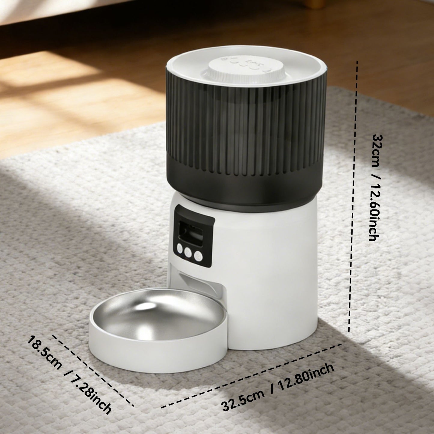 Automatic pet feeder with open stainless bowl and visible height and size guide