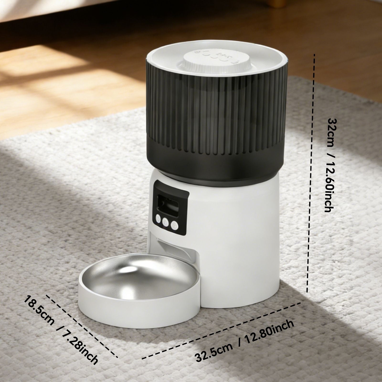 Automatic pet feeder with open stainless bowl and visible height and size guide
