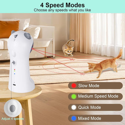 White automatic laser cat toy on wooden platform with red laser lines, two cats nearby