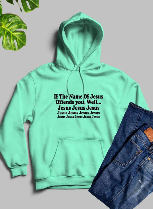 Mint green Christian hoodie with pullover hood, kangaroo pocket, and scripture text graphic