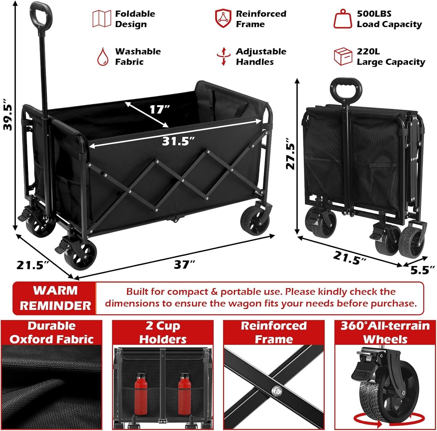 Black collapsible wagon cart with adjustable handles and padded fabric sidewalls