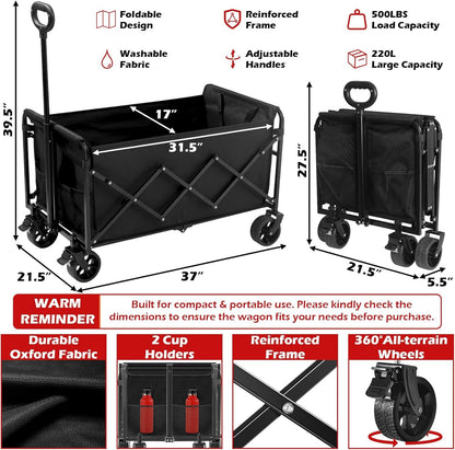 Black collapsible wagon cart with adjustable handles and padded fabric sidewalls
