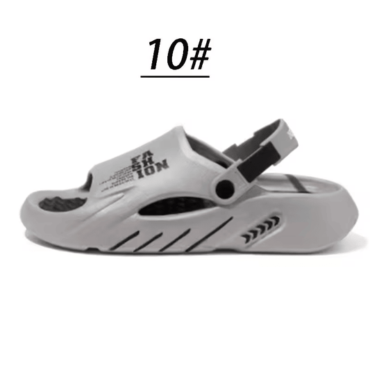 Light gray EVA clog sandals with adjustable black strap and breathable hole design.
