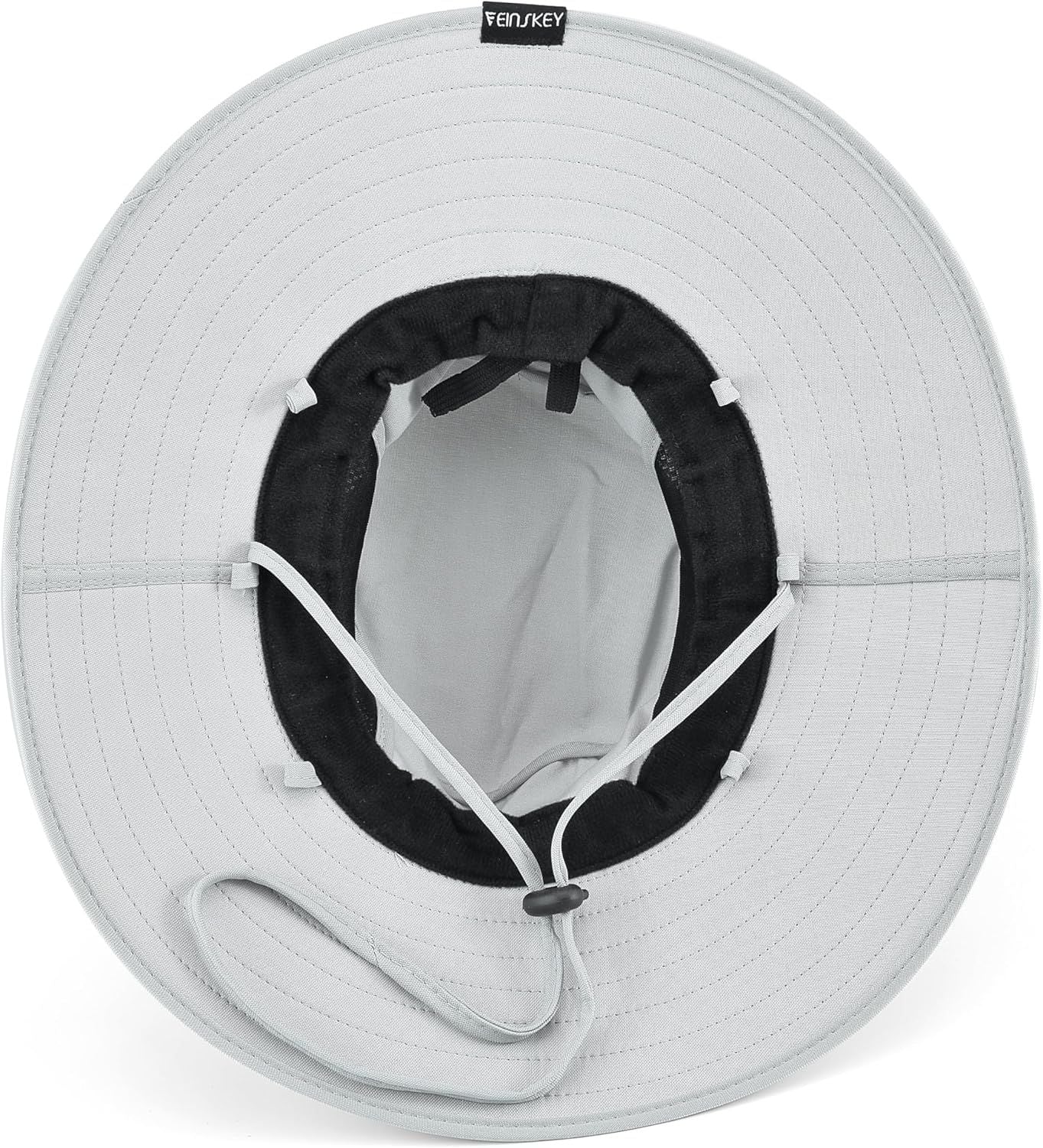 Light grey bucket hat interior with venkey label and adjustable strap