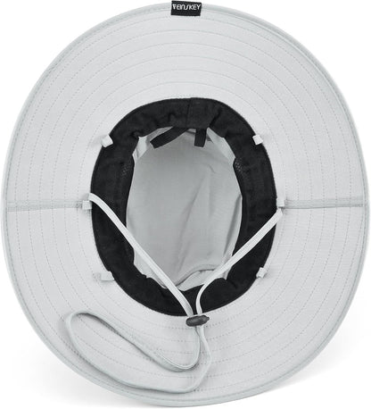 Light grey bucket hat interior with venkey label and adjustable strap