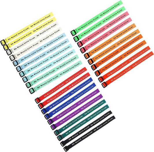Pack of colorful webbing bracelets with printed religious message text