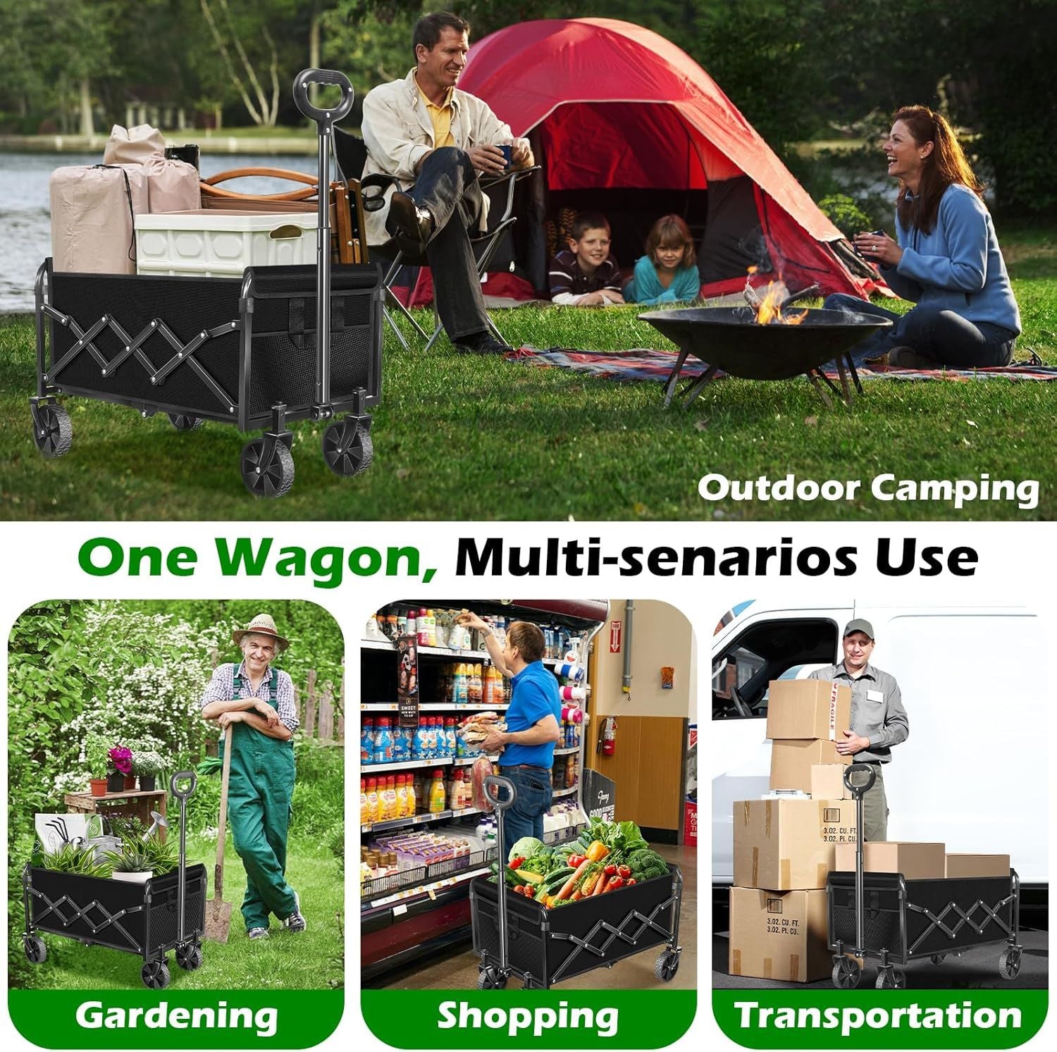 Foldable wagon cart with wheels and diagonal brace frame, ready for transport