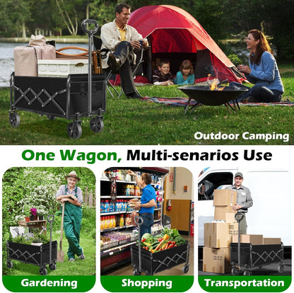 Foldable wagon cart with wheels and diagonal brace frame, ready for transport