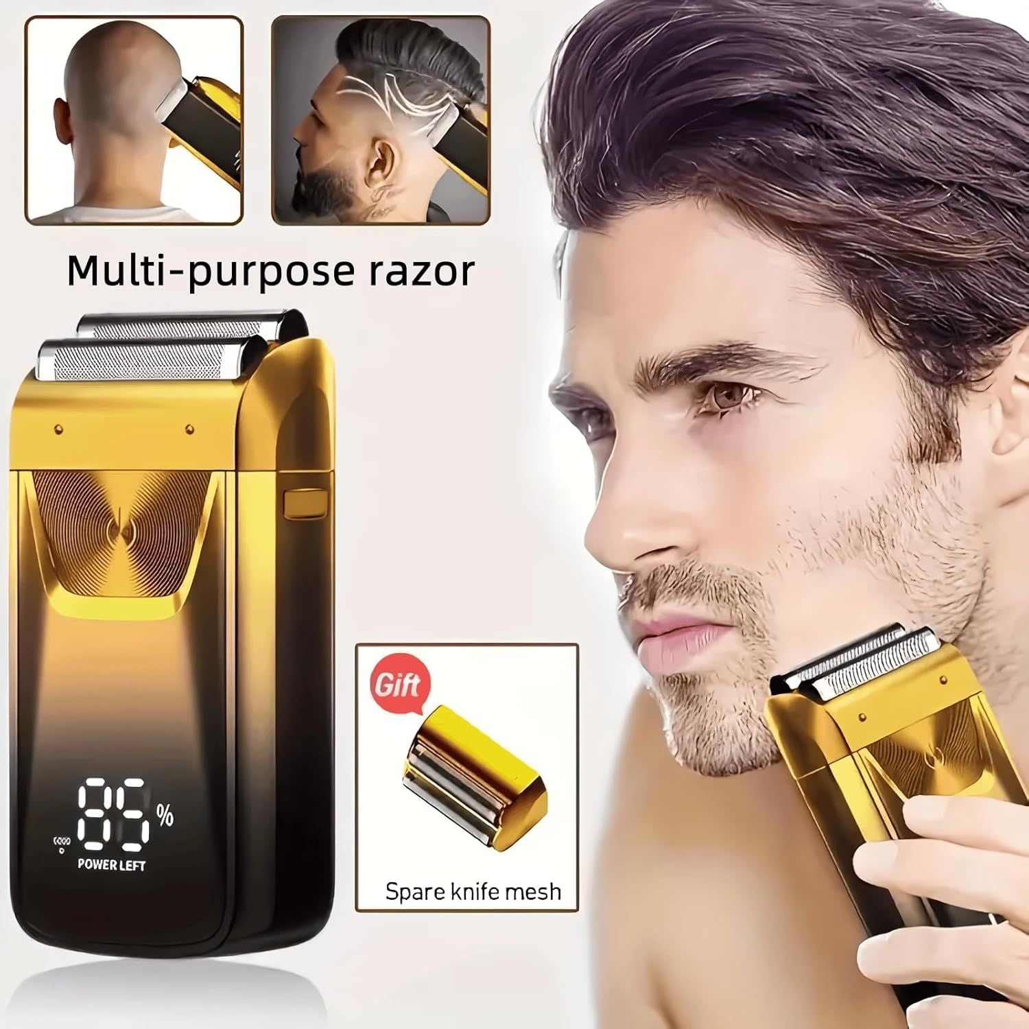 Gold men’s foil shaver with trimmer attachment for grooming