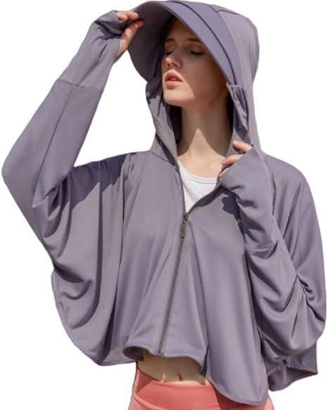 Dark grey wide-brim hooded full-zip sun jacket with long sleeves and front zipper