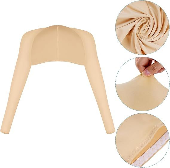 Beige cooling sun protection shawl with long sleeves; fabric close-up details shown