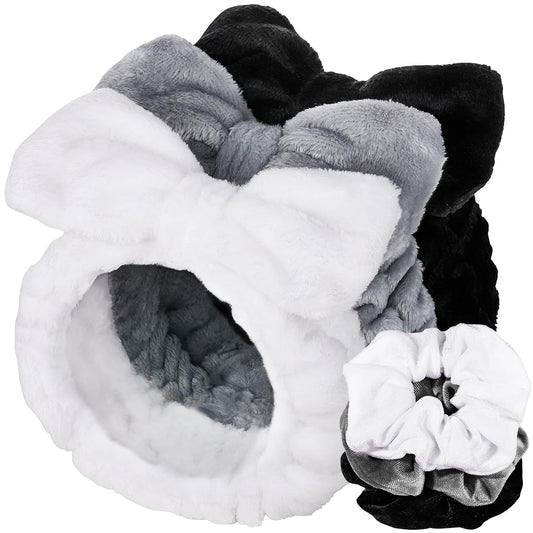 Spa headband set of plush bow headbands, white and gray with black accents