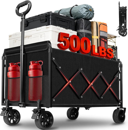 Foldable wagon cart with wheels, front mesh panel and two red bottle holders