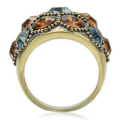 Antique brass ring side view with multicolor faceted crystal bezel over the band