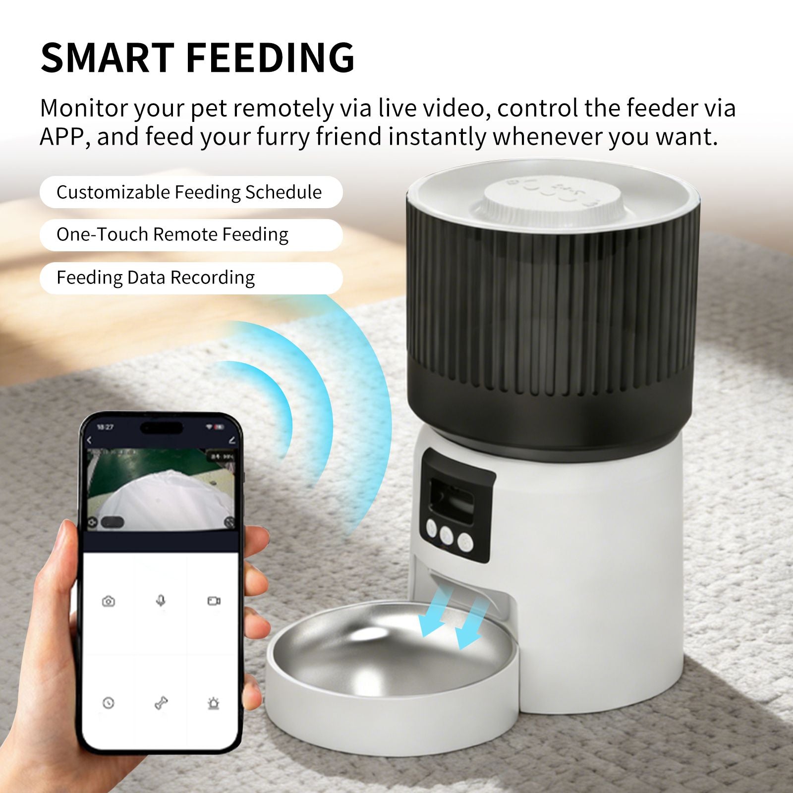 Automatic pet feeder with open bowl and smartphone app shown for remote feeding