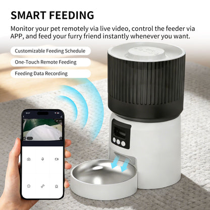 Automatic pet feeder with open bowl and smartphone app shown for remote feeding