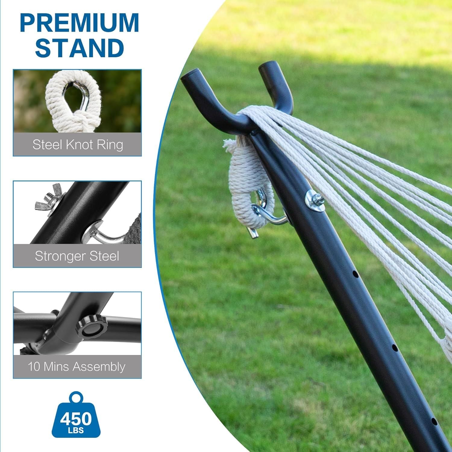 Double hammock with stand, black steel pole and rope knot ring with striped hammock